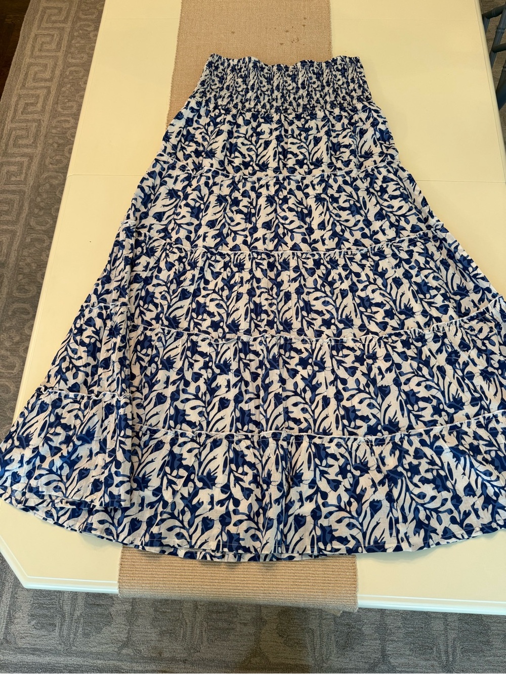 Madison Mathews Smocked Waist Blue and White Floral Maxi Skirt